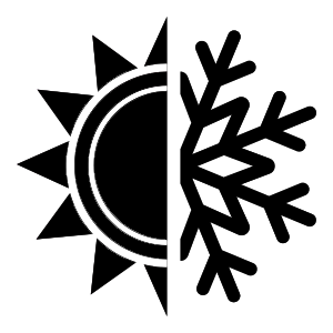 A black half sun, half snow flake icon